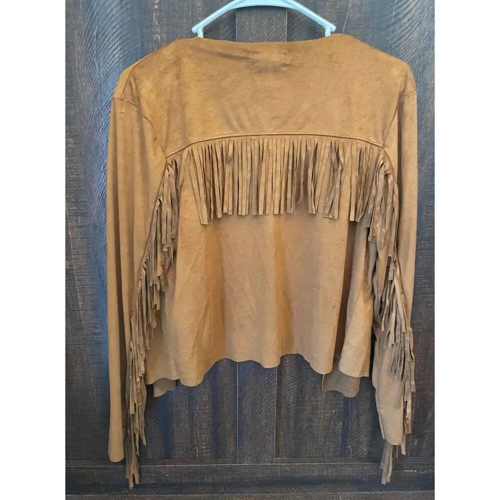 Western Fringe Faux Suede Open Front Cardigan |  Boho Cowgirl  Jacket | M